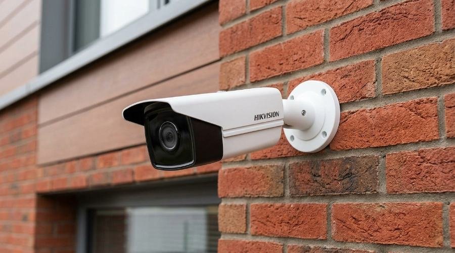 Bullet security camera mounted on a brick home