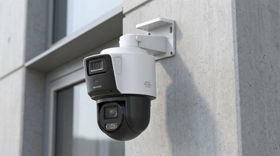 PTZ security camera mounted on a building wall