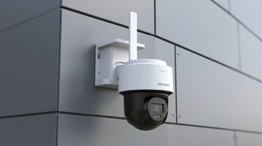 Wireless security camera mounted on a wall
