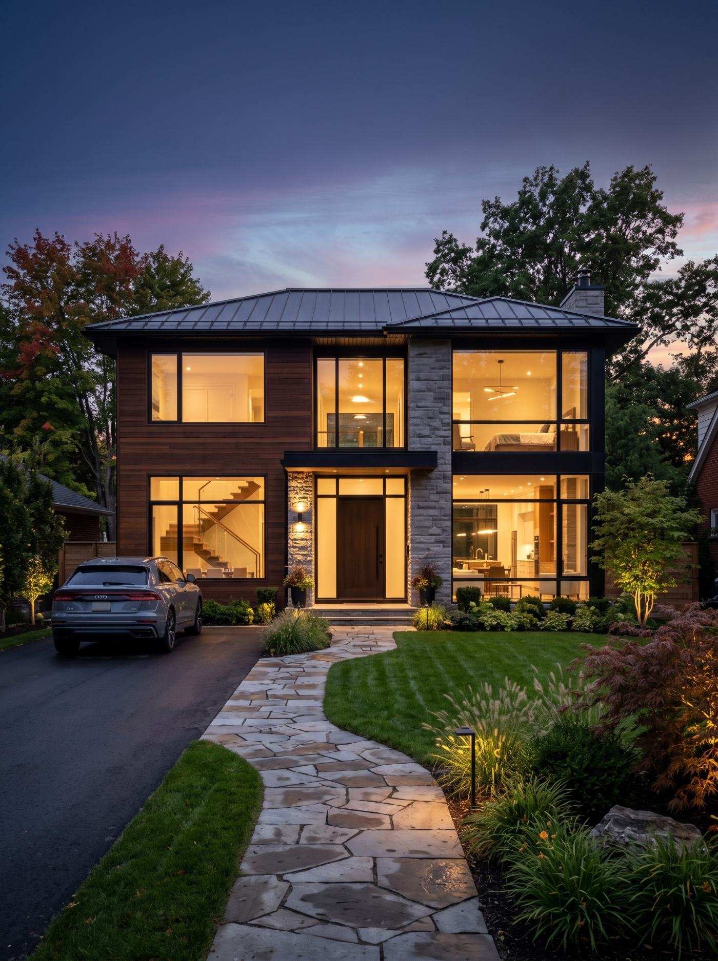 A modern GTA home secured by Security Links at dusk